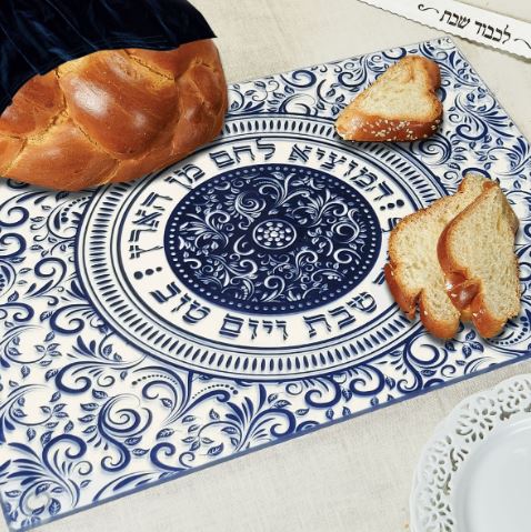 Glass Challah Board, Blue Damask Pattern