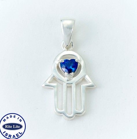 3/4" Sterling Hamsa Pendant with Blue Stone