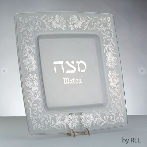 Glass Matzah Tray With Silver Floral Design