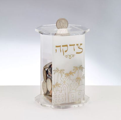 Clear Acrylic Hexagon Tzedakah Box with Jerusalem Design