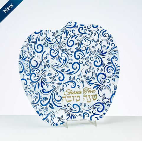 Rosh Hashanah Glass Apple Plate with Blue and Gold Design