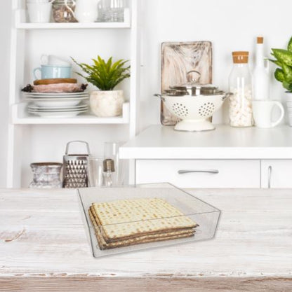 Square Clear Matzah PS Tray With Silver Glitter