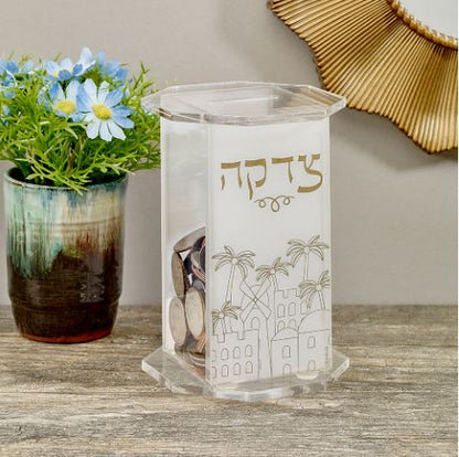 Clear Acrylic Hexagon Tzedakah Box with Jerusalem Design