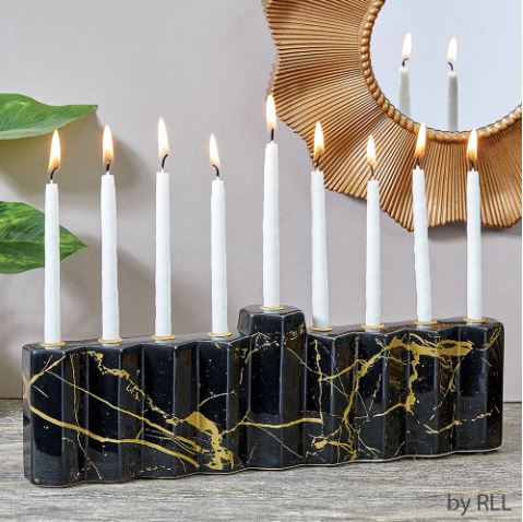 "Hexagons" Black Hand Painted Ceramic Menorah