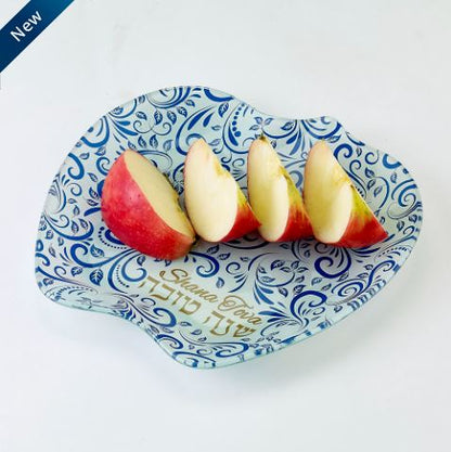 Rosh Hashanah Glass Apple Plate with Blue and Gold Design