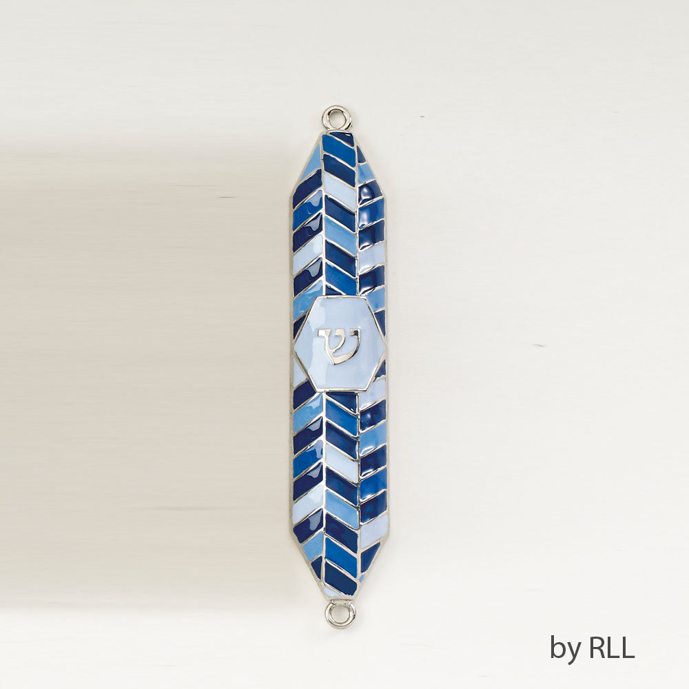 Geometric Blue Enameled Mezuzah