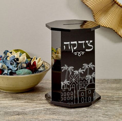 Black Acrylic HexagonTzedakah Box, Jerusalem Design